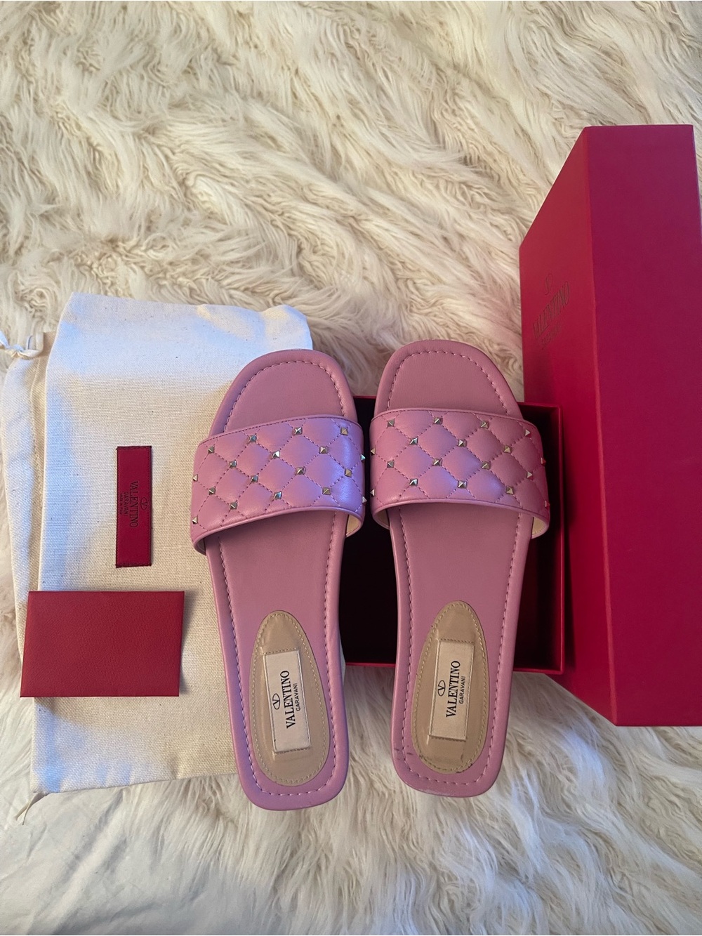 Valentino Pink Quilted Slide Mules with Rockstud Accents